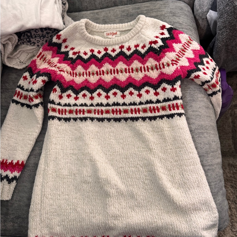 Cozy Fair Isle Sweater Dress - Pink and White